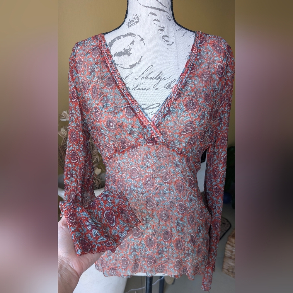 NWT Elie Tahari Red & Blue 100% Silk Floral Sheer Dorothy Blouse Size Medium